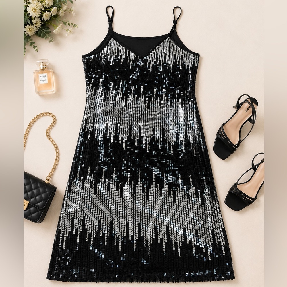 Black & Silver Sequin Slip Dress - Elegant Evening Look